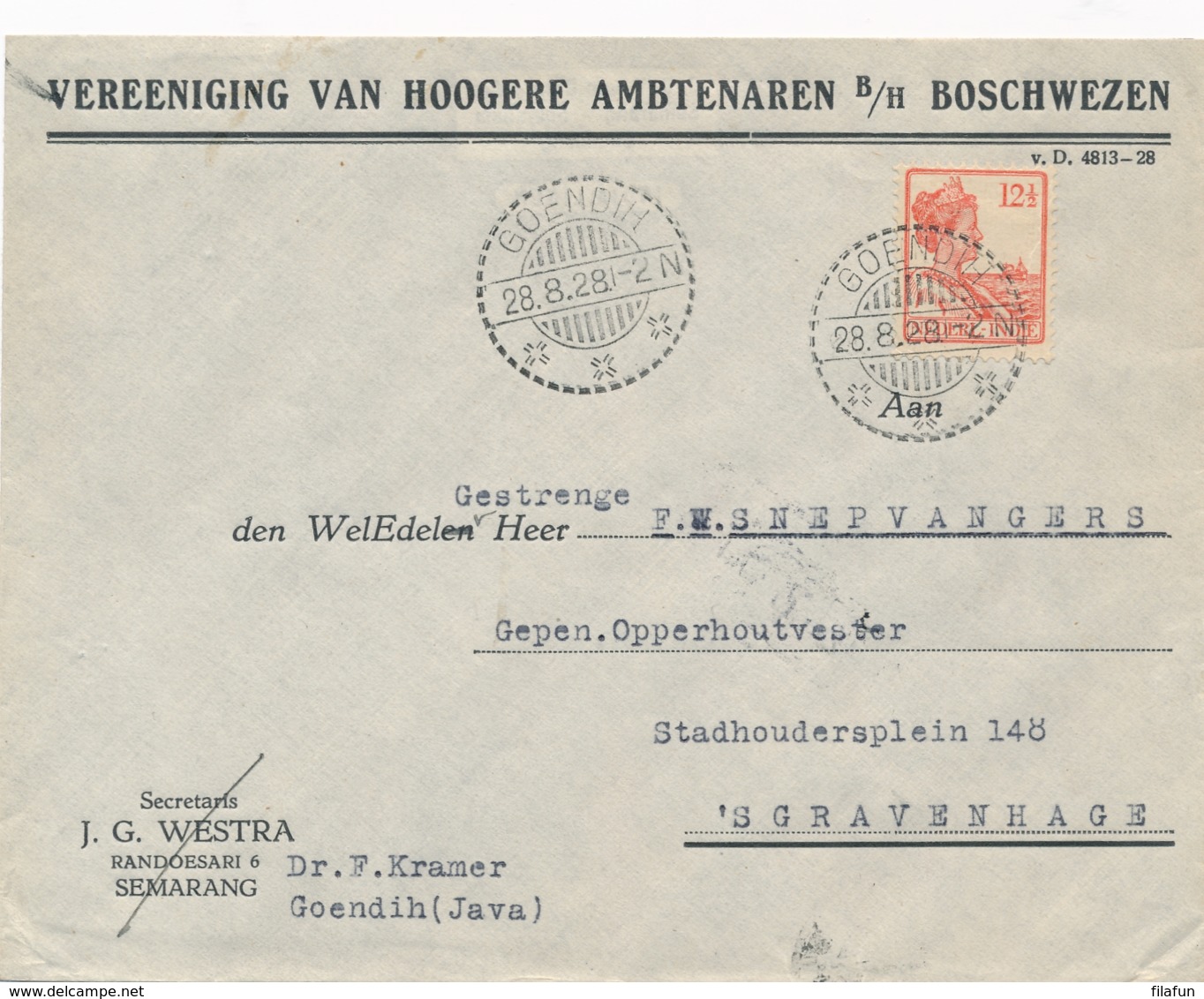 Nederlands Indië - 1928 - 12,5 Cent Wilhelmina Op Business Cover Van LB GOENDIH Naar Den Haag / Nederland - Nederlands-Indië