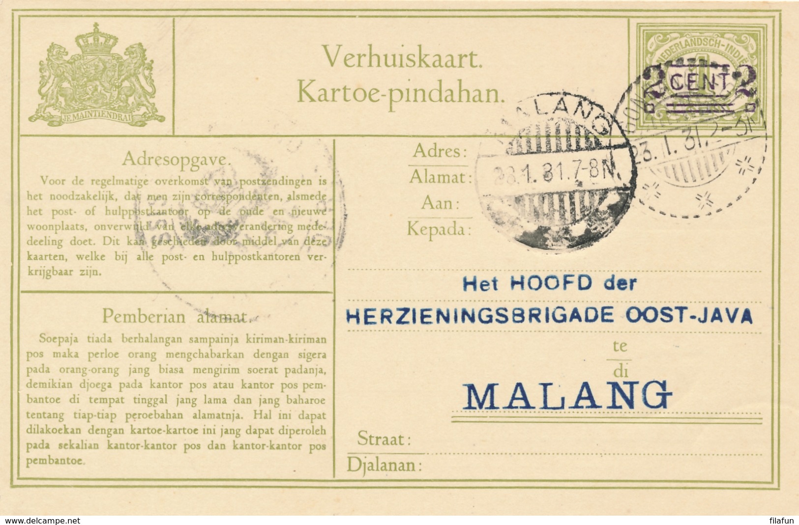 Nederlands Indië - 1931 - 2 Cent Opdruk Op Verhuiskaart Van LB GONDANGLEGI Naar Malang - Nederlands-Indië