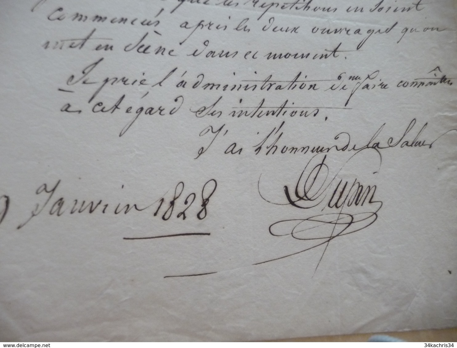 LAS Autographe Signée Dupin Jean Henri 09/01/1828 Théâtre Des Variétés Répétitions Mlle Dumont Et Ses Demoiselles - Autres & Non Classés