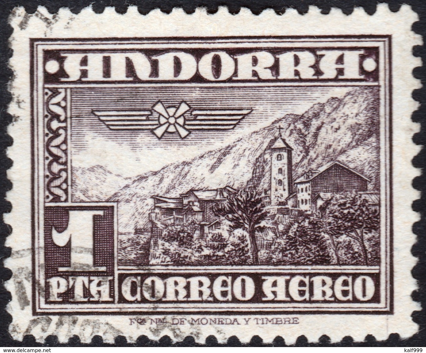 ~~~ Spanish Andorra Andorre 1951 - Airmail - Mi. 58 (o) CV 22.00 Euro   ~~~ - Gebruikt