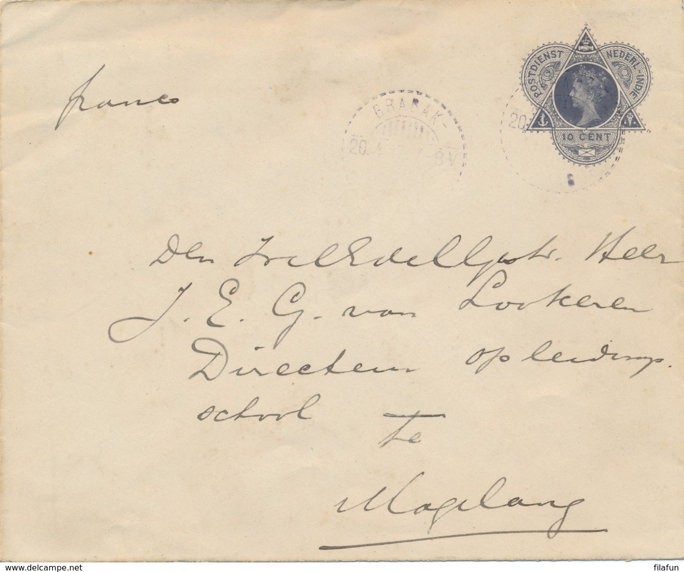 Nederlands Indië - 1917 - 10 Cent Wilhelmina, Envelop Van LB GRABAKMERBABOE Naar Magelang - Nederlands-Indië