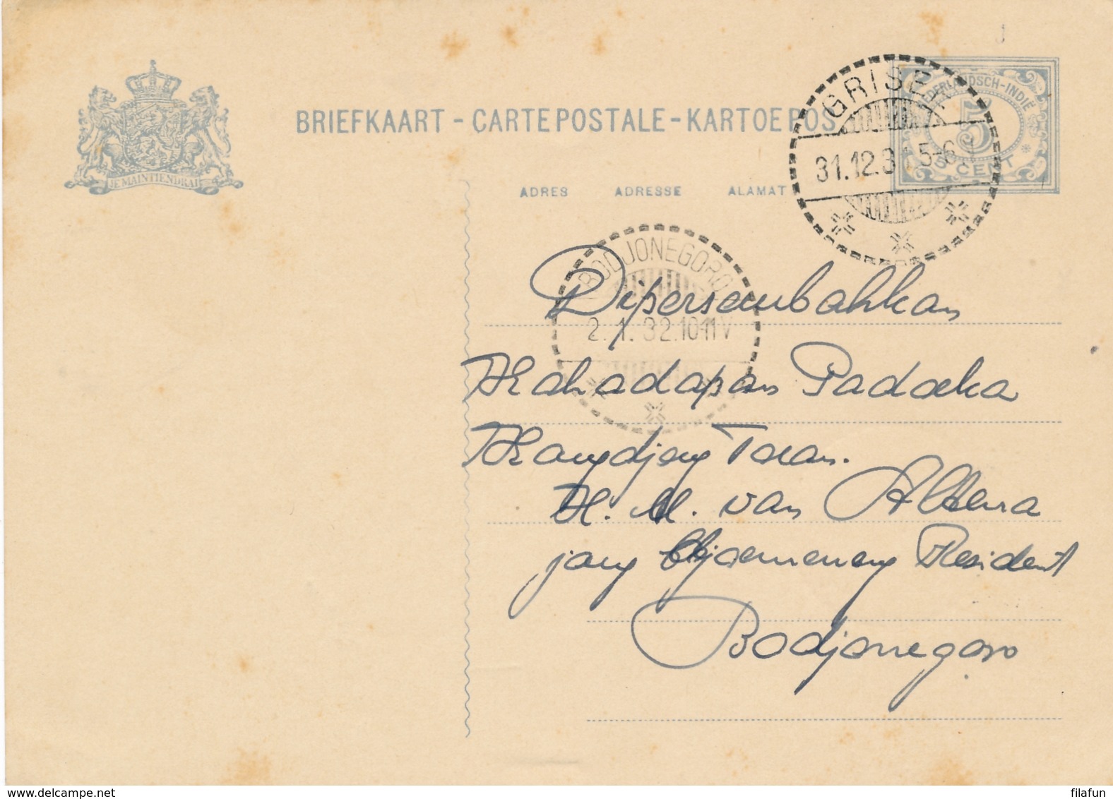 Nederlands Indië - 1931 - 5 Cent Cijfer, Briefkaart G48 Van LB GRISEE Naar Bodjonegero - Nederlands-Indië