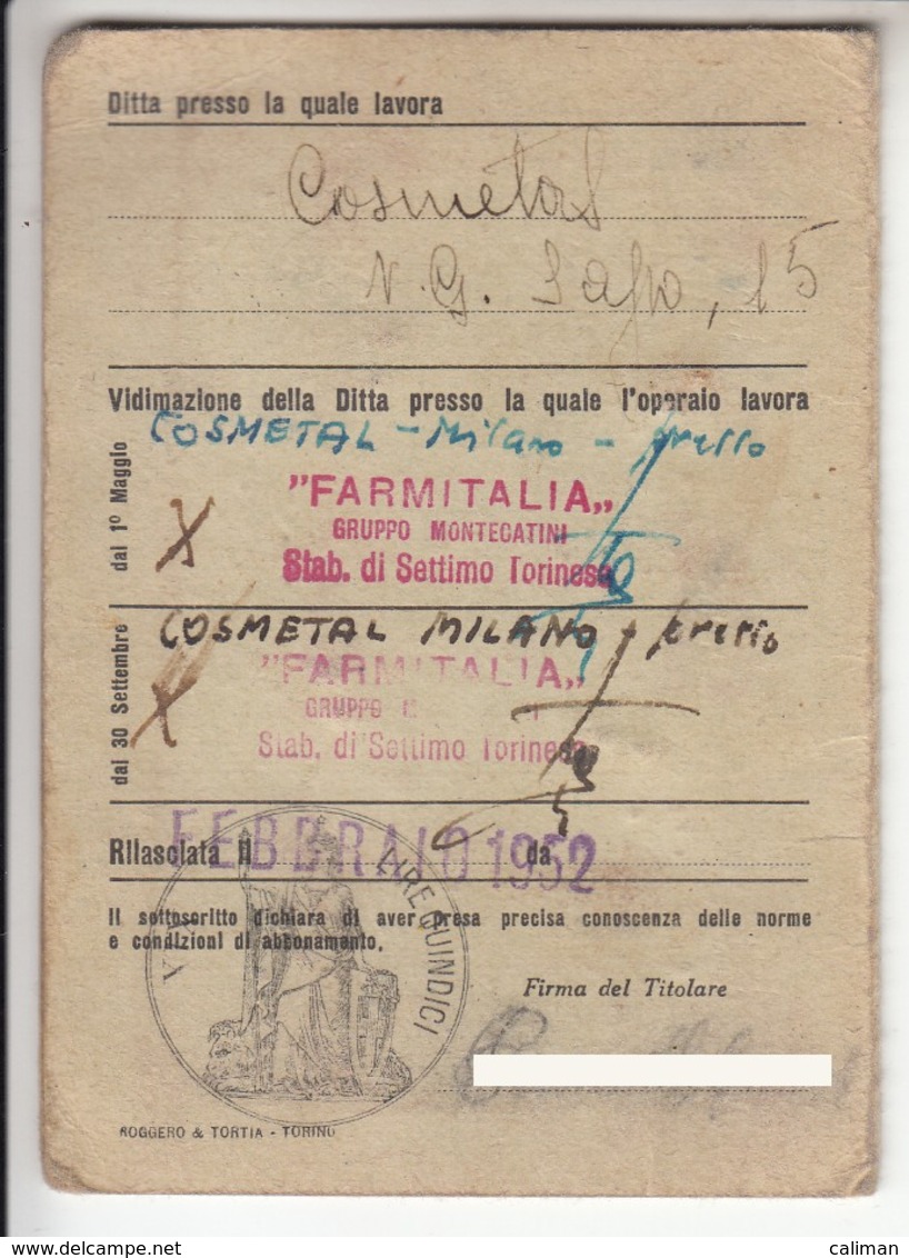 TRAM TRAMWAYS SATTI TORINO TRANVIE MUNICIPALI SETTIMO-TORINO - TESSERA BIGLIETTO 1937 - Europa