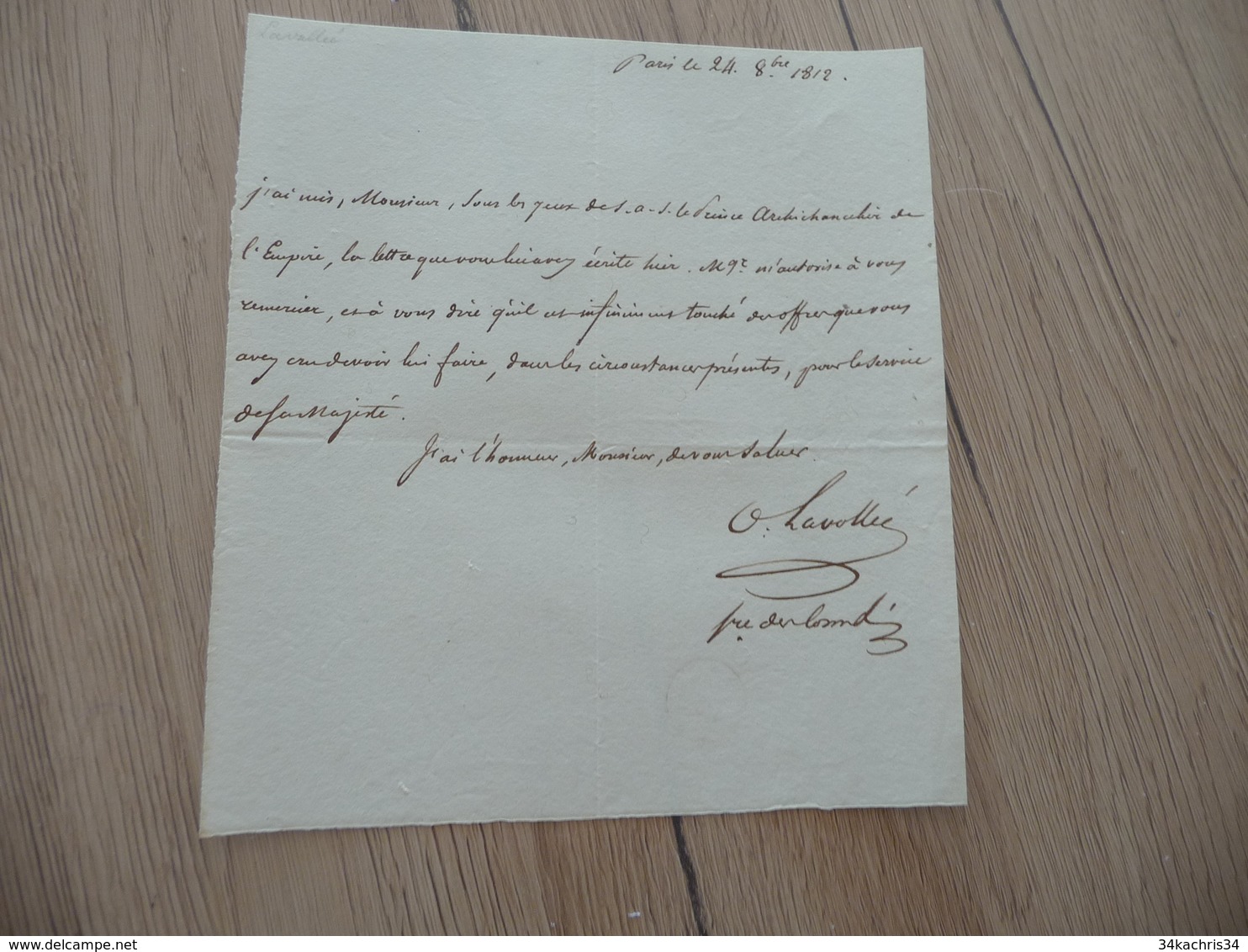 LAS Autographe Paris 8/10/1812 Lavollée Secrétaire De Cambacérès Empire Affaires Politiques Remerciements - Autres & Non Classés