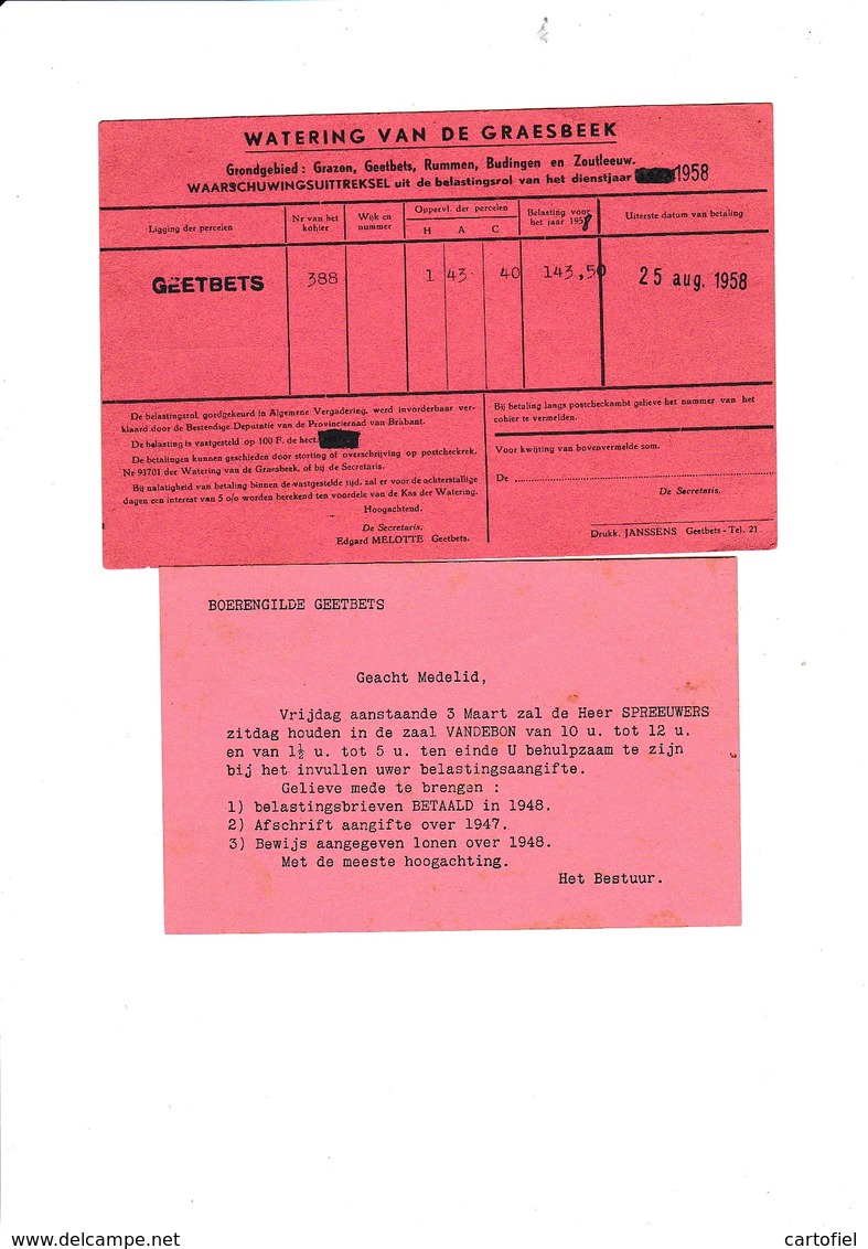GEETBETS-BOERENGILDE+WATERING VAN DE GRAESBEEK-2 KAARTEN-1950+1958-VERSTUURD NAAR EMILE VANDERVELPEN-ZIE DE 2 SCANS ! ! - Geetbets