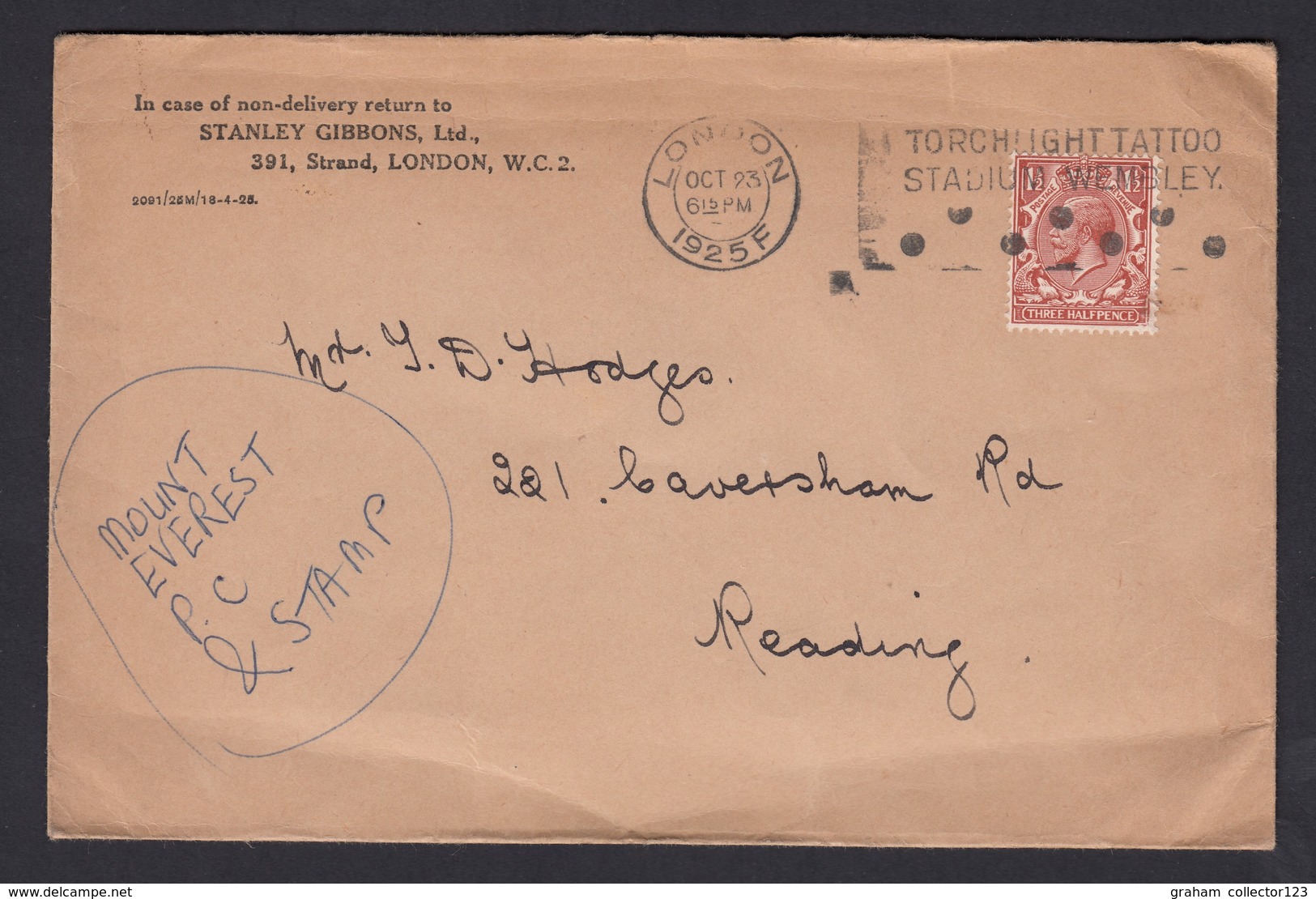 1925 Great Britain King George V KGV Cover Displaying Torch Light Tattoo Stadium Wembley Slogan To Reading Some Faults - Storia Postale