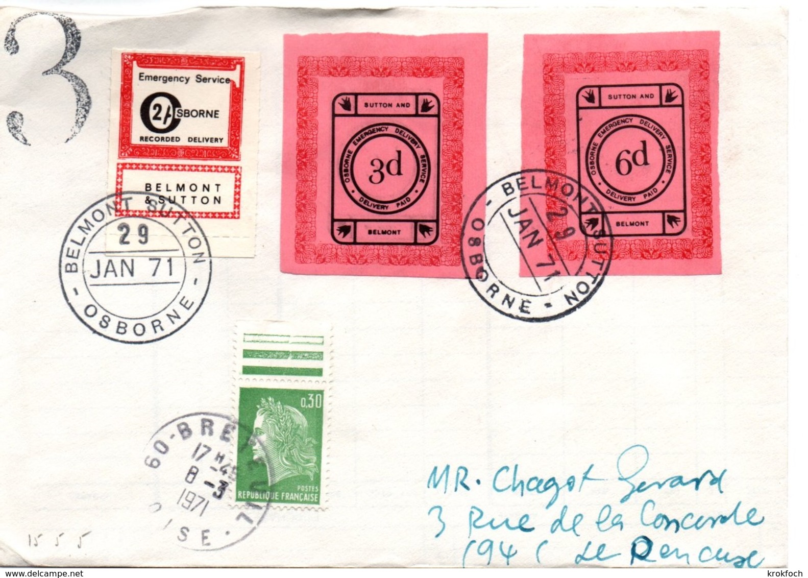 Strike 1971 - Osborne Belmont Sutton - Letter Via Breteuil Oise - Grève Postale - Marcophilie