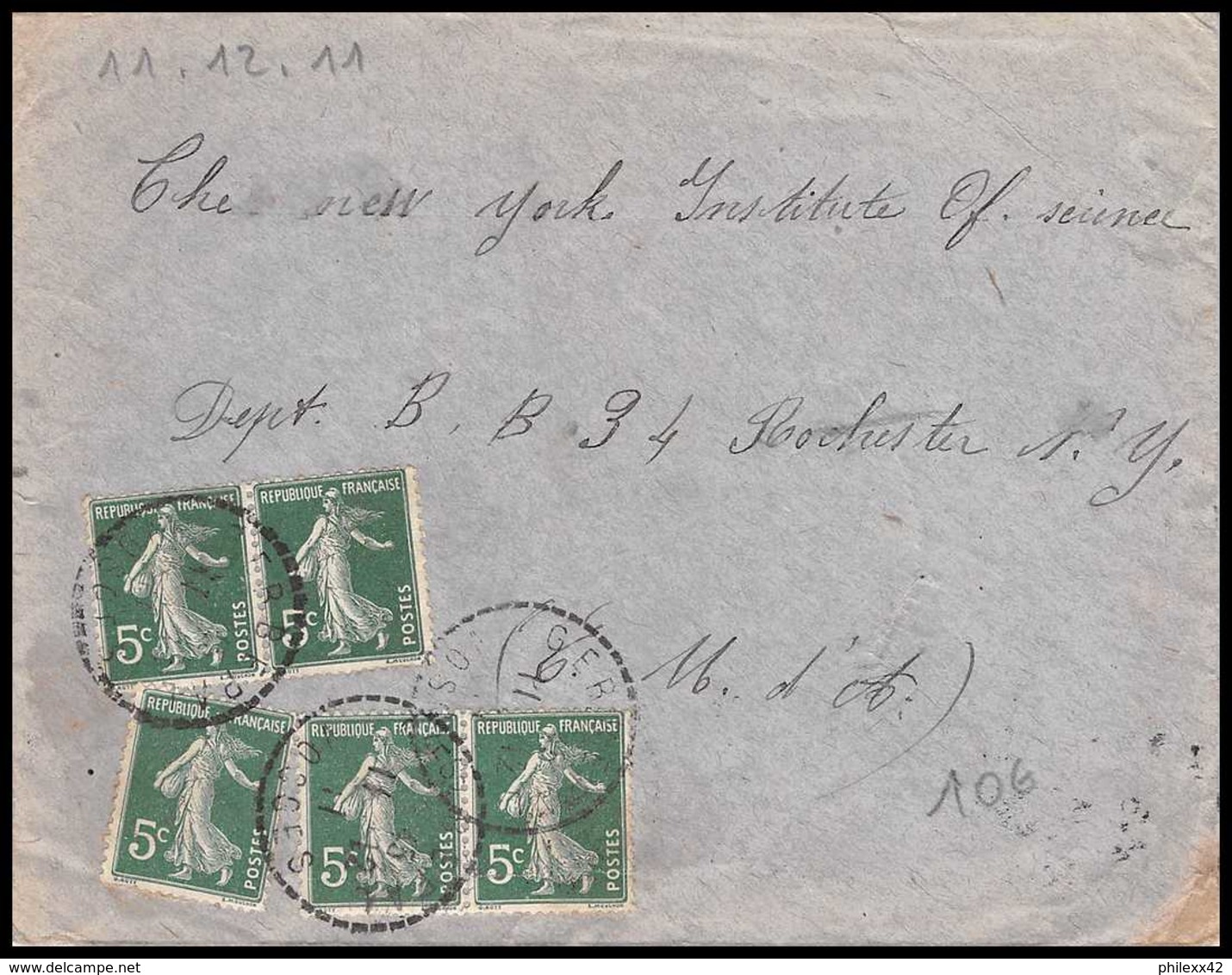 9206 N°137 Semeuse 5c X5 Gerbepal Vosges New York Institute 1911 France Lettre Cover - 1877-1920: Periodo Semi Moderno