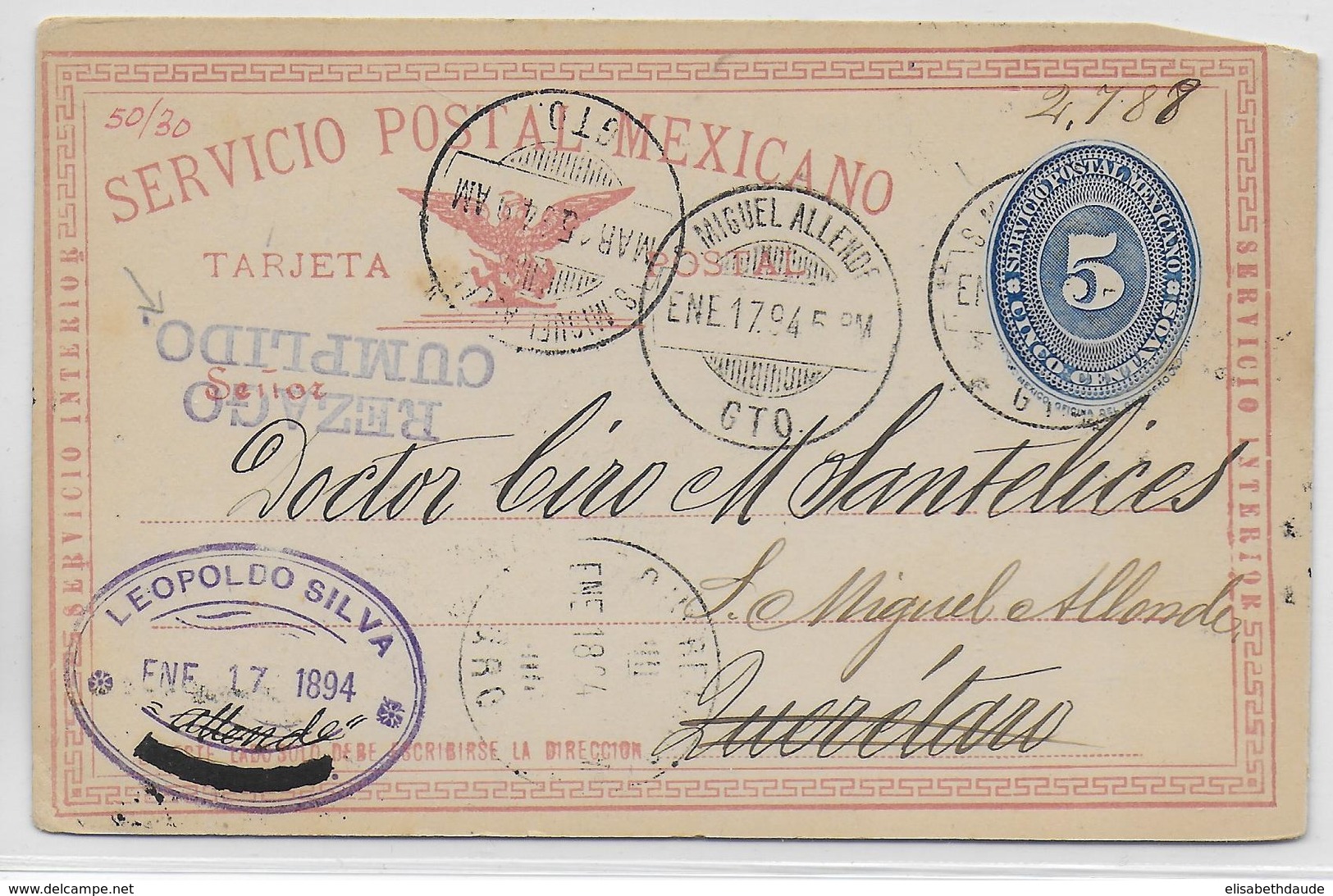 MEXICO - 1894 - CARTE ENTIER POSTAL De S.MIGUEL ALLENDE - Messico