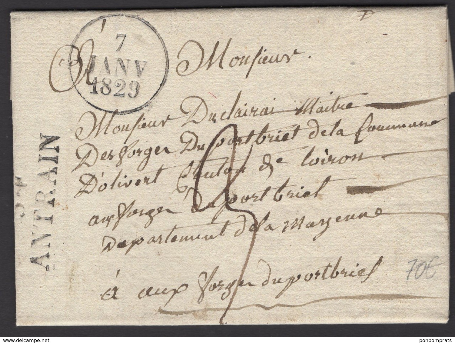 ILLE ET VILAINE : Pli De BAZOUGE De 1829 En Port Du à 3 Décimes Avec Marque Postale Linéaire 34 / ANTRAIN >PORT BRILLET - 1801-1848: Precursors XIX