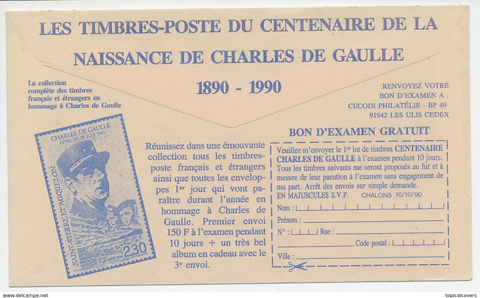 Postal Cheque Cover France 1990 Stamp - Charles De Gaulle - Autres & Non Classés