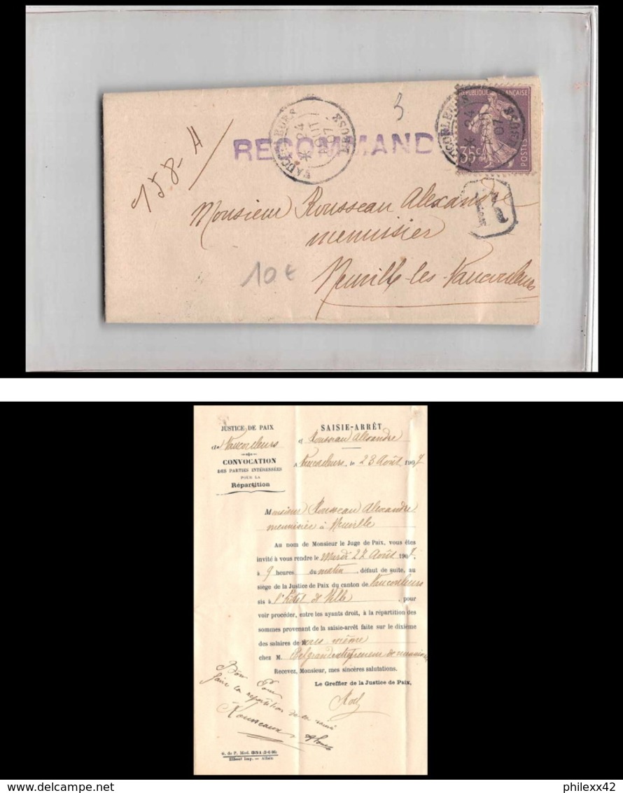 9296 Lac Tribunal Vaucouleurs 1907 N°136 Semeuse 35c Lettre Recommande Cover - 1877-1920: Période Semi Moderne