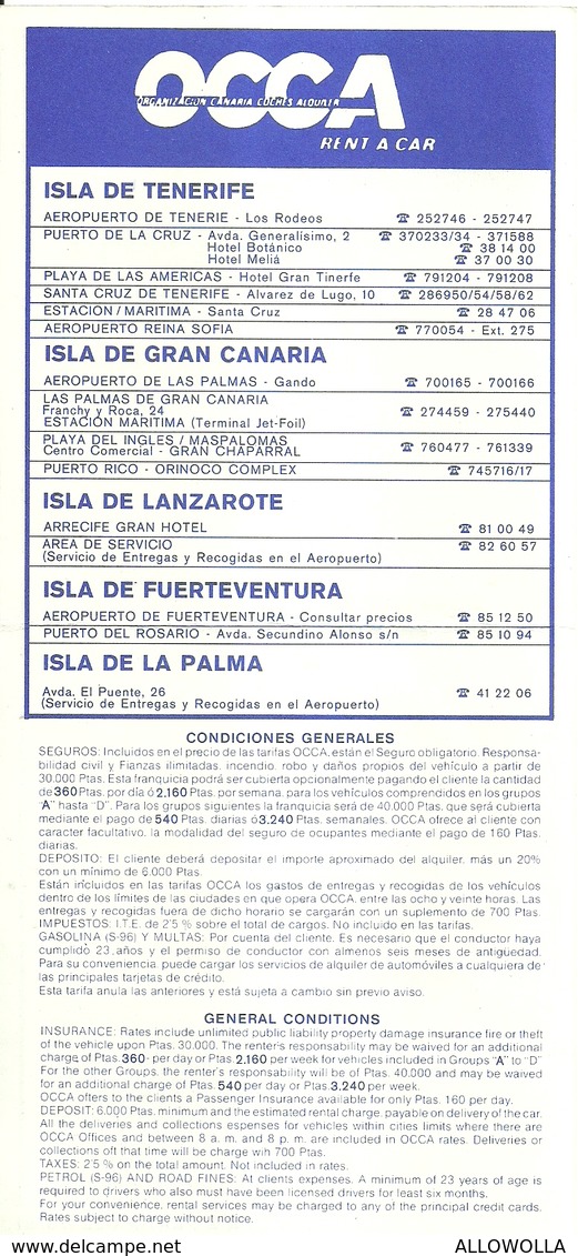 3285 "OCCA-RENT A CAR-TARIFA 1981-TENERIFE-GRAN CANARIA-LANZAROTE-FUERTEVENTURA-LA PALMA"RENAULT 7 -DEPLIANT IN SPAGNOLO - Dépliants Turistici