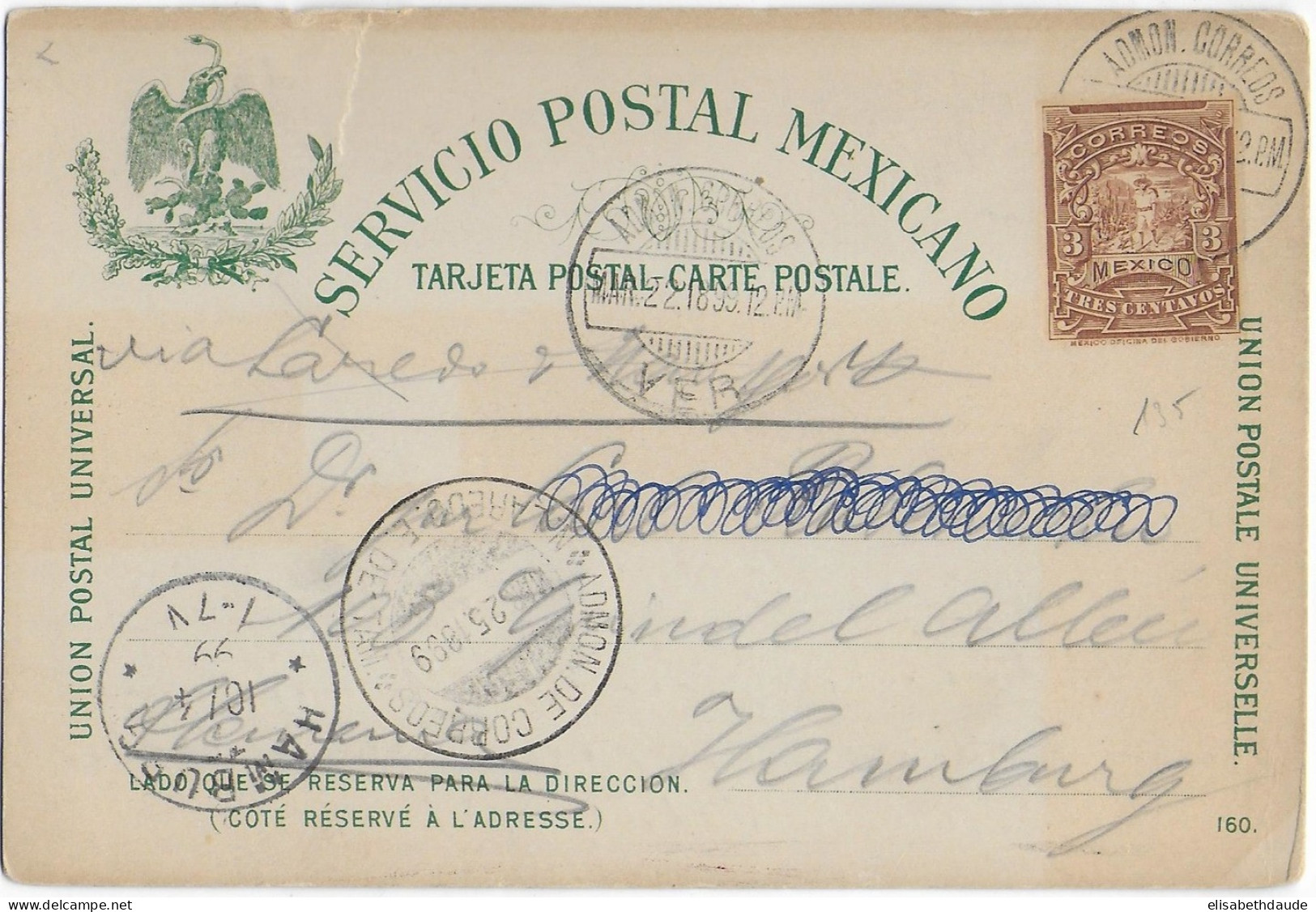 MEXICO - 1899 - CARTE ENTIER POSTAL De VERA CRUZ => HAMBURG (ALLEMAGNE) - Mexique