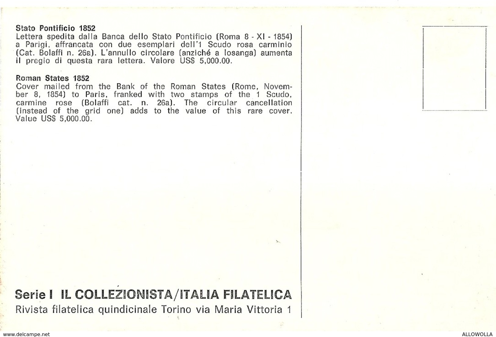 3292 " STATO PONTIFICIO 1852 " SERIE I-IL COLLEZIONISTA/ITALIA FILATELICA-CART. POS. ORIG. NON SPEDITA - Francobolli (rappresentazioni)