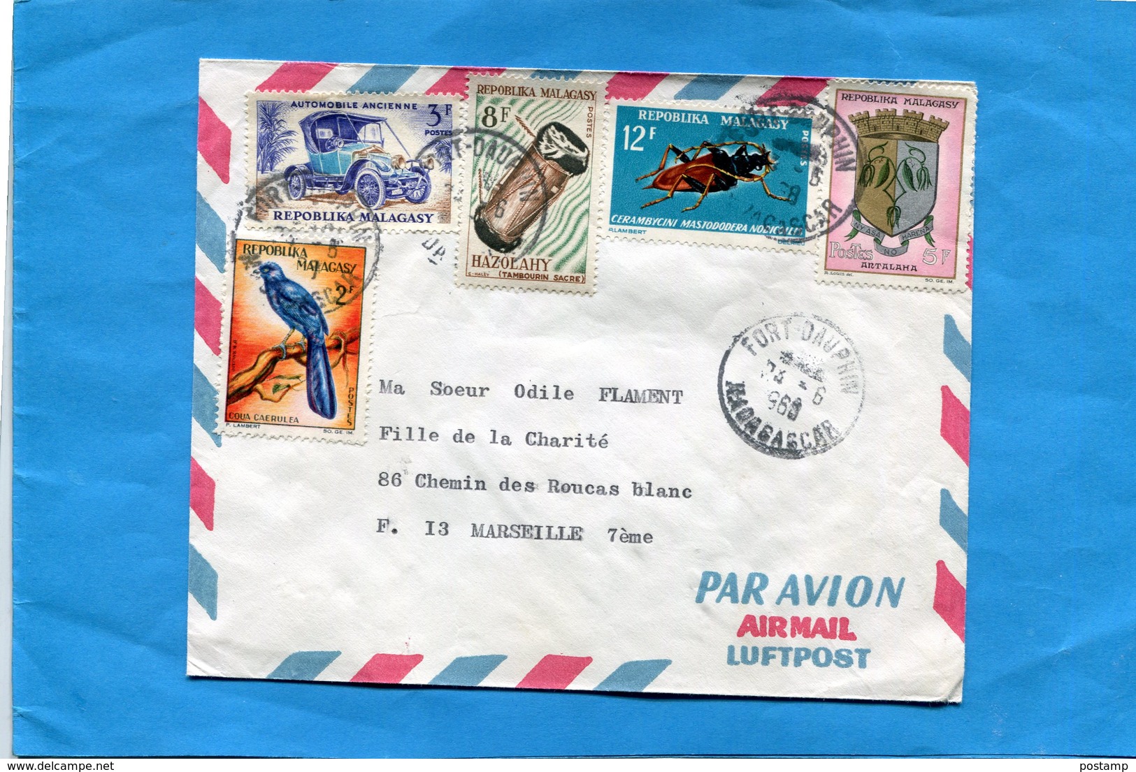 MARCOPHILIE-madagascar-lettre> Françe-cad 1965+-fort Dauphin-5-stamps N°428 Insect +381 Auto - Madagascar (1960-...)