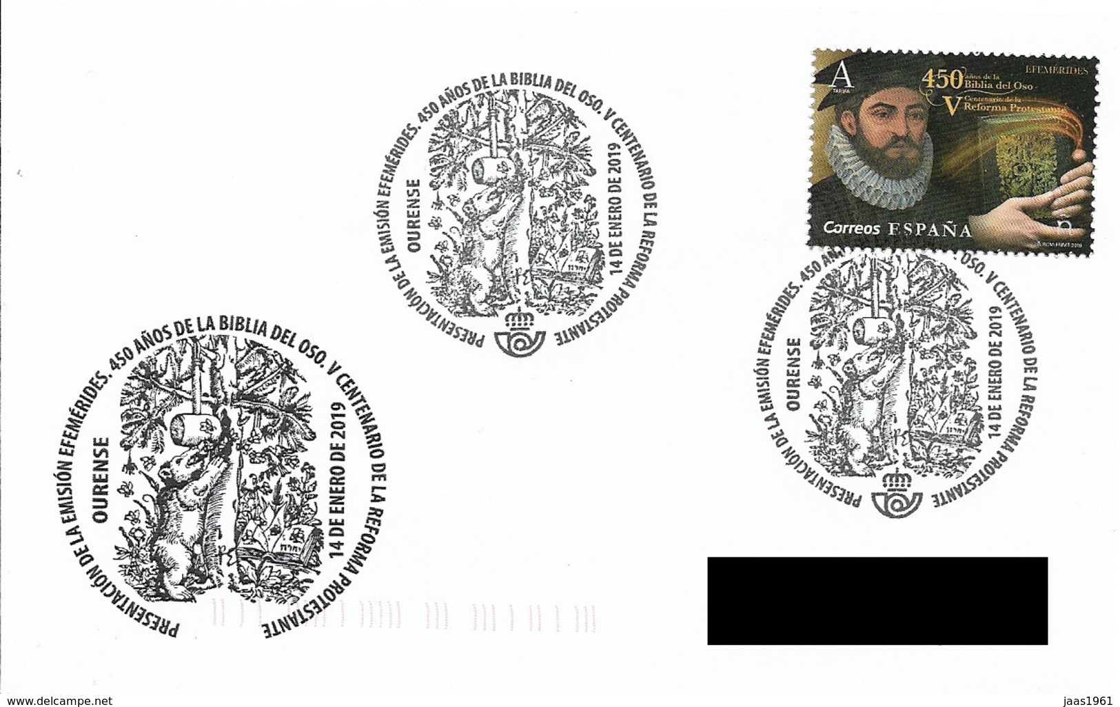 SPAIN. POSTMARK 450th ANNIV. BEAR BIBLE. 500th ANNIV PROTESTANT REFORM. 2019 - Máquinas Franqueo (EMA)