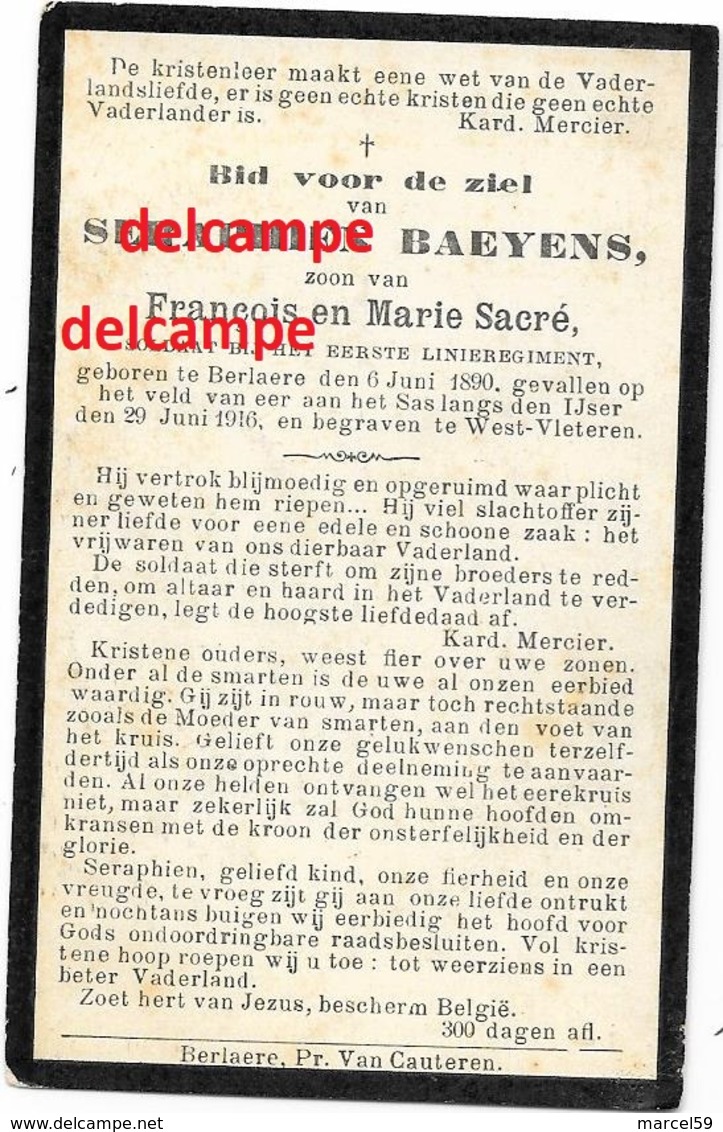 Oorlog Guerre Seraphien Baeyens Berlare Soldaat Gesneuveld Te Boezinge SAS  29 JUNI 1916 Sacré Doodsprentje - Devotion Images