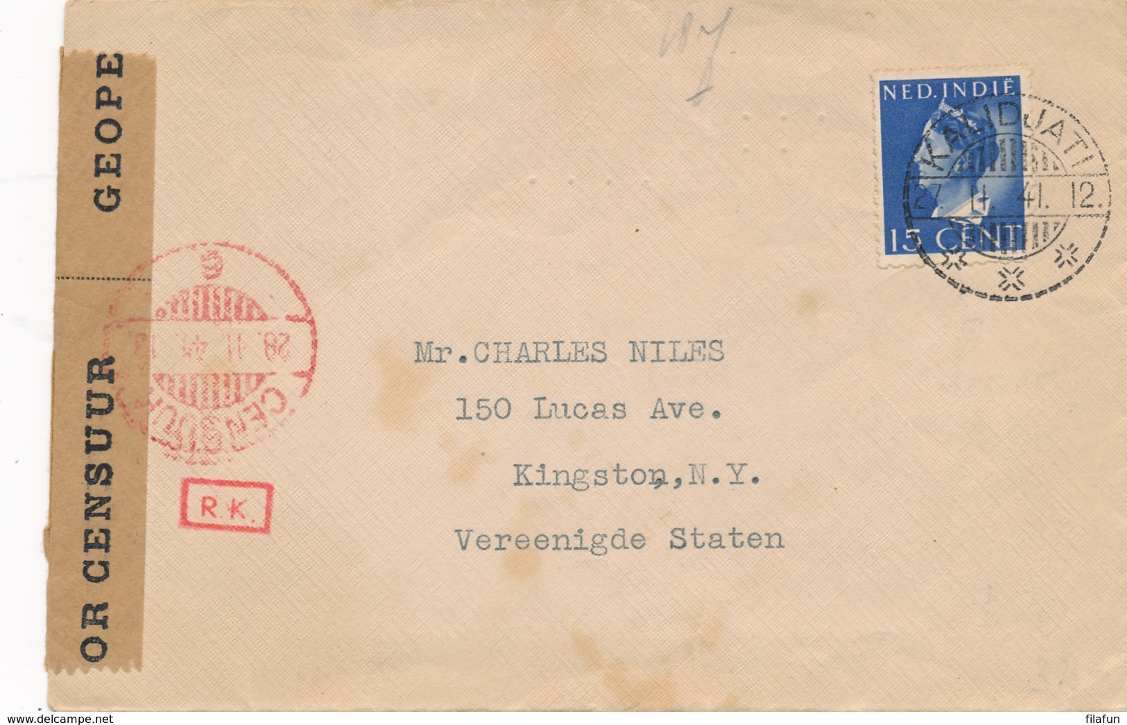 Nederlands Indië - 1941 - 15 Cent Konijnenburg Op Censored Cover Van LB KALIDJATI Naar New York / USA - Indes Néerlandaises