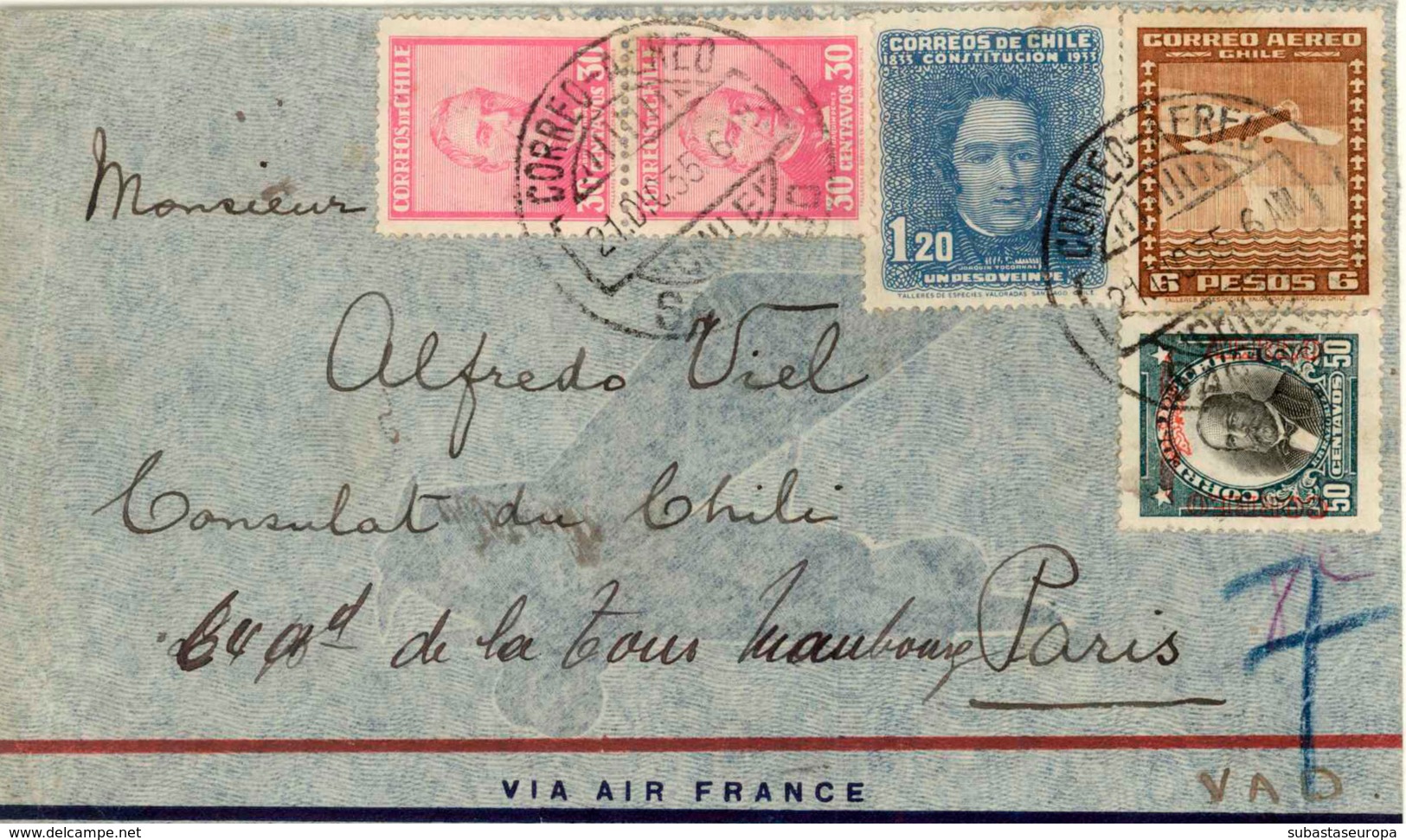 CHILE. Cover From Santiago To Paris, 1935. Air Mail. Postal History. - Chile