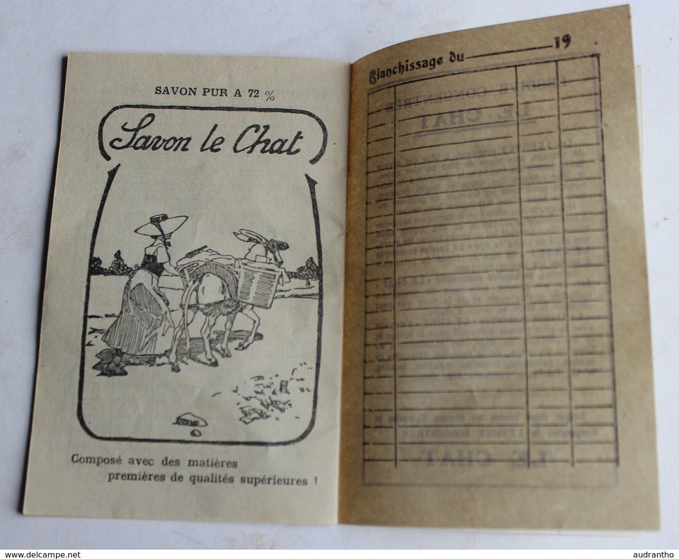 beau calendrier publicitaire 1929 savon le chat C. Ferrier & Cie Marseille carnet de blanchissage illustrations