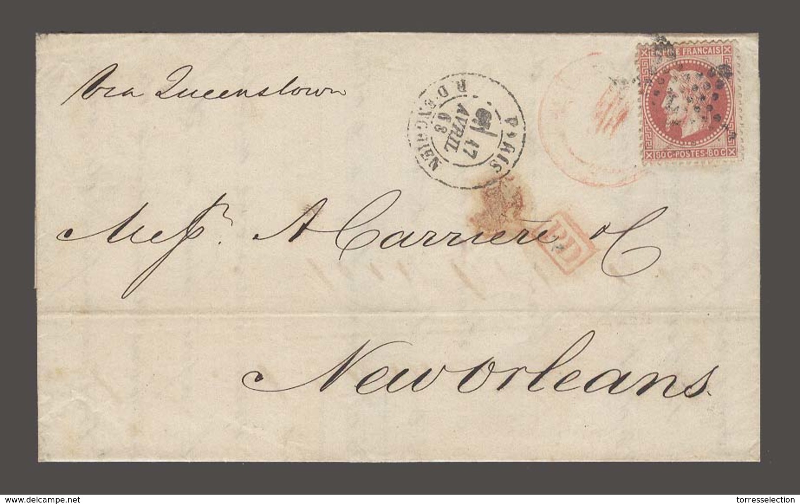 FRANCE. 1868(17 April). Paris - USA, N Orleans. EL Fkd 80c Tied Star Cancel Red NY Paid All. Fine RD Enghen. Via Queensl - Other & Unclassified