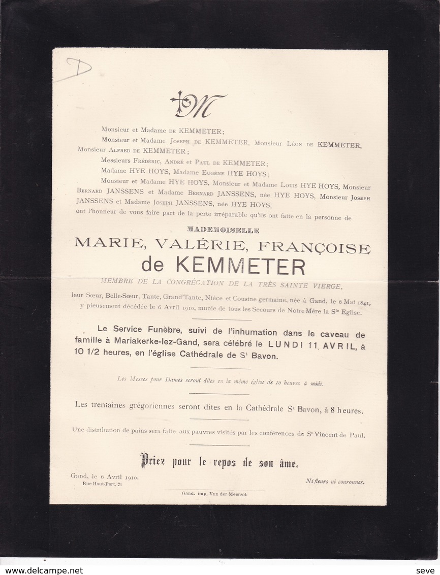 GAND MARIAKERKE Marie Valérie De KEMMETER 1841-1910 Famille HYE HOYS JANSSENS - Décès