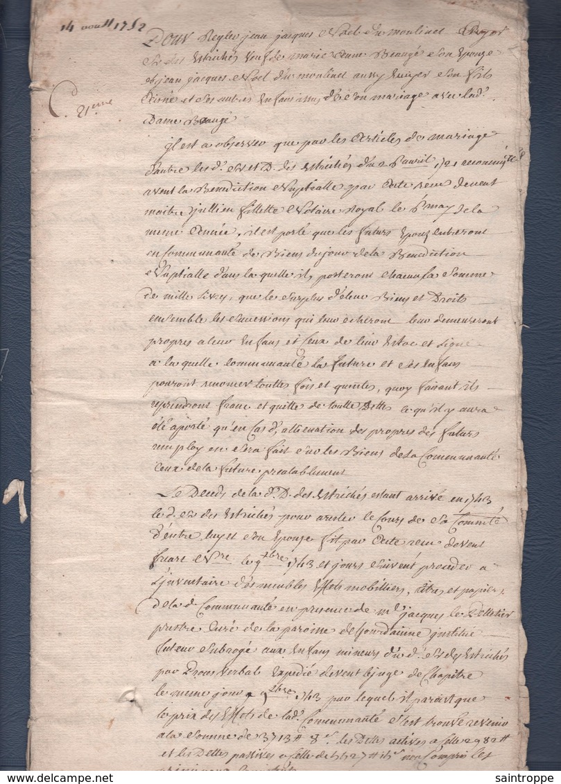 Manuscrit De 1752.Belle écriture à Déchiffrer.Contrat De Mariage Dumoulinet - Manuscrits