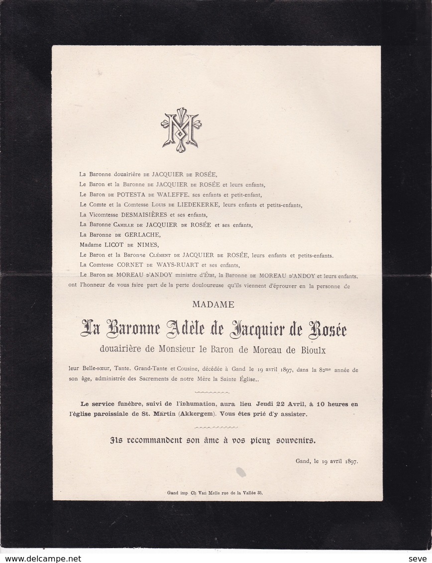 BIOUL GAND AKKERGEM  Adèle Du JACQUIER De ROSEE Veuve Baron De MOREAU De BIOULX 82 Ans 1897 - Décès