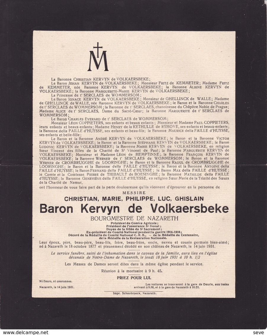 NAZARETH Burgemeester Christian Baron KERVYN De VOLKAERSBEKE Burgemeester Bourgmestre 1877-1931 - Décès