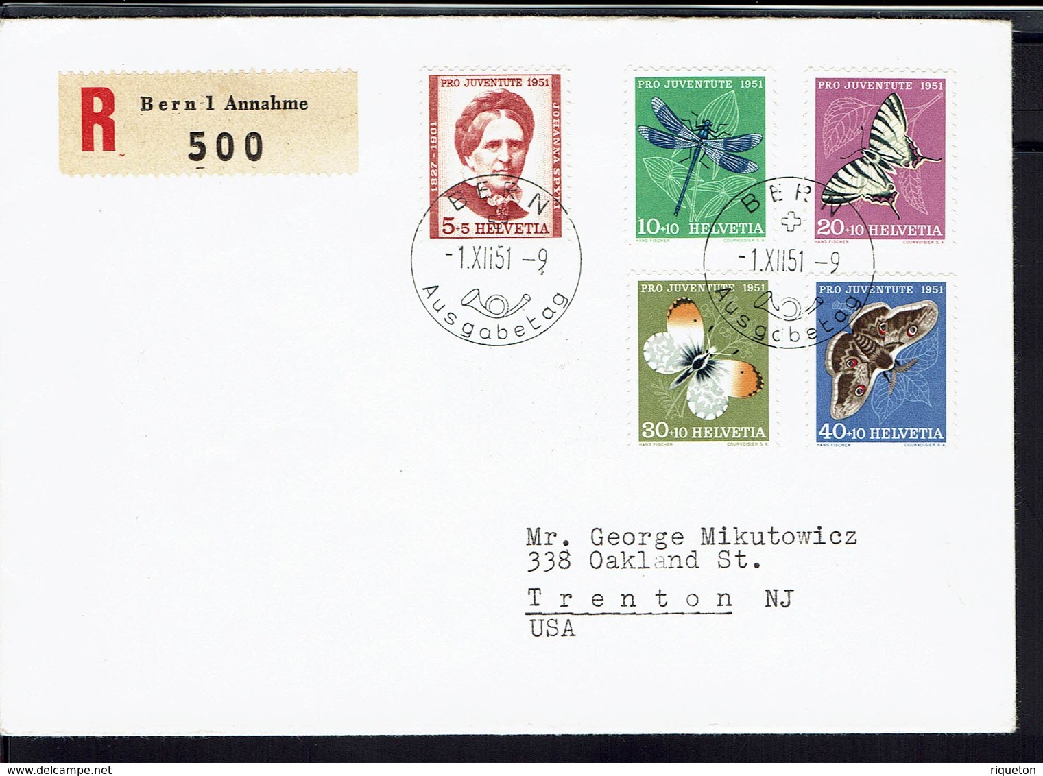 Suisse - 1951 - Série 512/516 Sur Enveloppe Premier Jour En Recommandé, De Bern Pour Trenton (USA) B/TB - - FDC