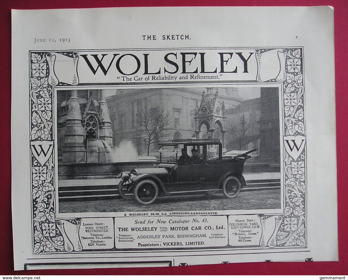 1913 WOLSELEY LIMOUSINE-LANDAULETTE  MOTOR CAR. ORIGINAL MAGAZINE ADVERT - Sonstige & Ohne Zuordnung