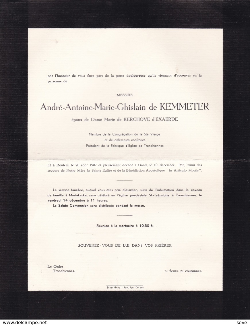 ROULERS GAND DRONGEN André-Antoine De KEMMETER époux De KERCHOVE D'EXAERDE 1907-1962 En 2 Volets Complets - Décès