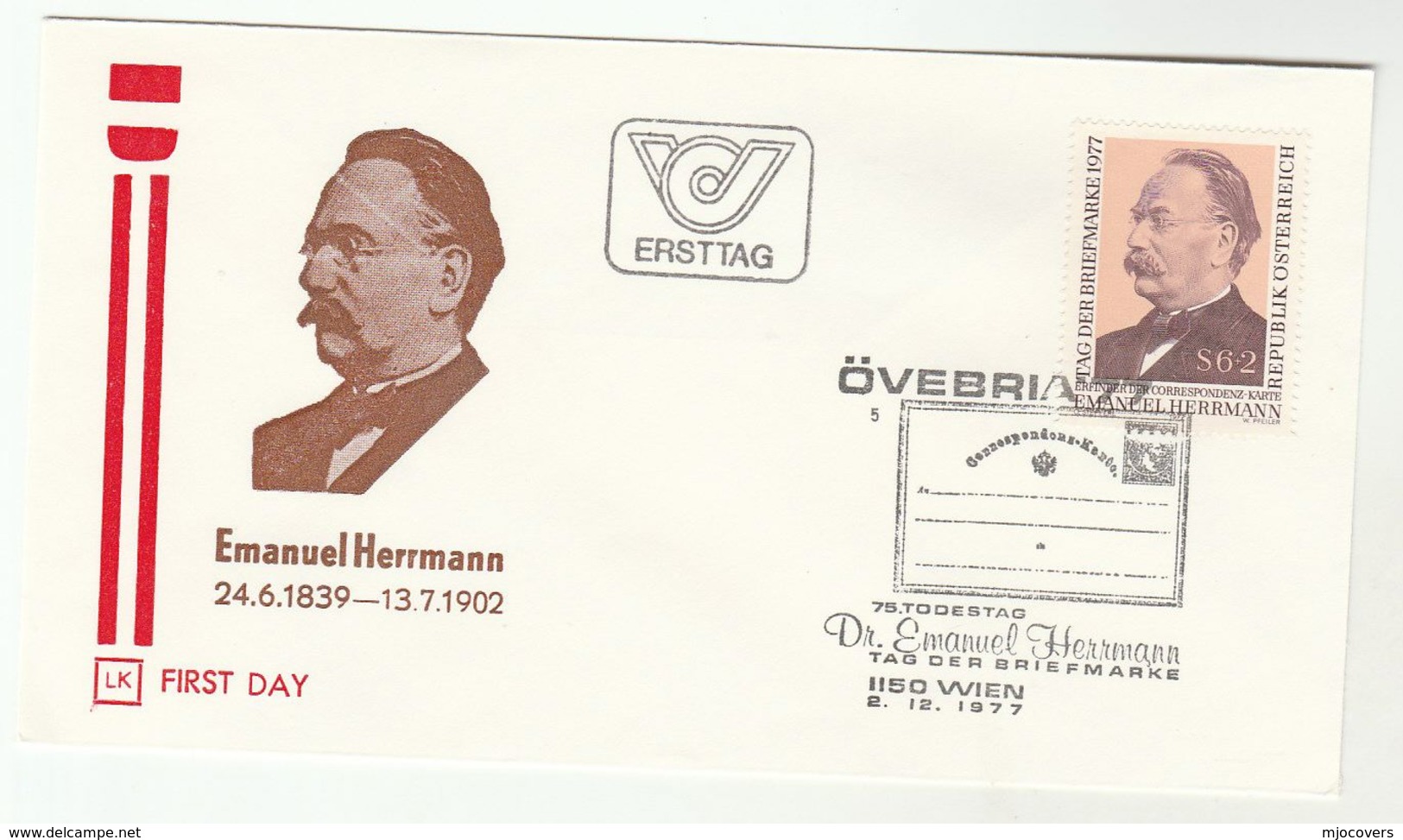 1977 Special FDC Stamps HERRMAN Depicting POSTAL STATIONERY CARD Pmk COVER AUSTRIA OVEBRIA Philatelic Exhibition - Philatelic Exhibitions