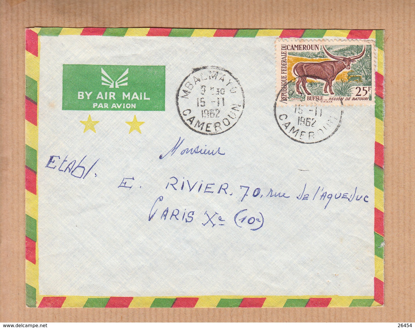 CAMEROUN     Lettre De MBALMAYO   Le 15 II 1962     Buffle 25F SEUL Sur LETTRE - Cameroun (1960-...)