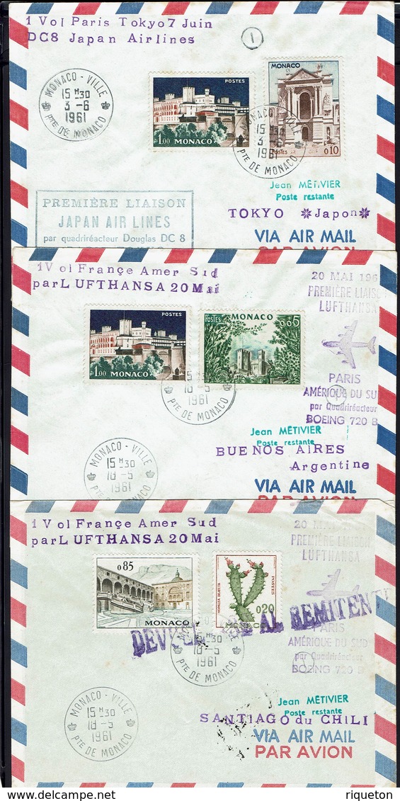 Monaco - 1961 - Lot De Trois Enveloppes 1er Vol Lufthansa Et Japan Air Lines Pour Buenos Aires, Tokio, Santiago - B/TB - - Lettres & Documents