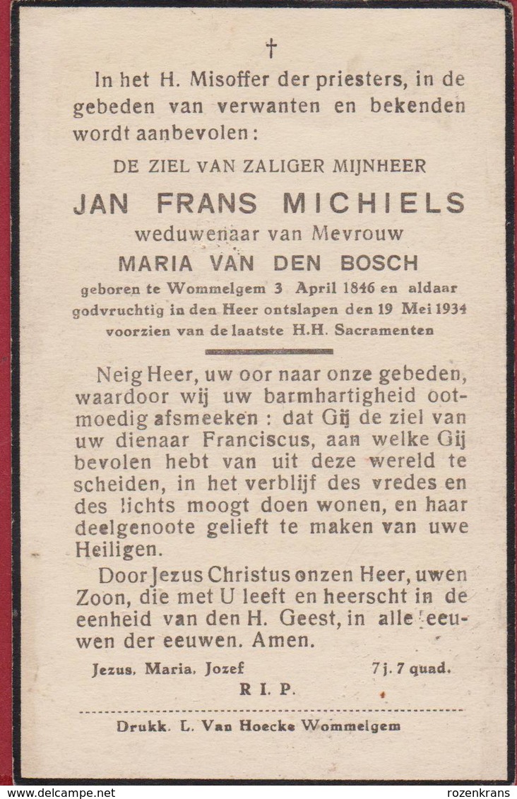 Jan Frans Michiels Maria Van Den Bosch Wommelgem 1934 Bidprentje Doodsprentje Image Mortuaire - Images Religieuses