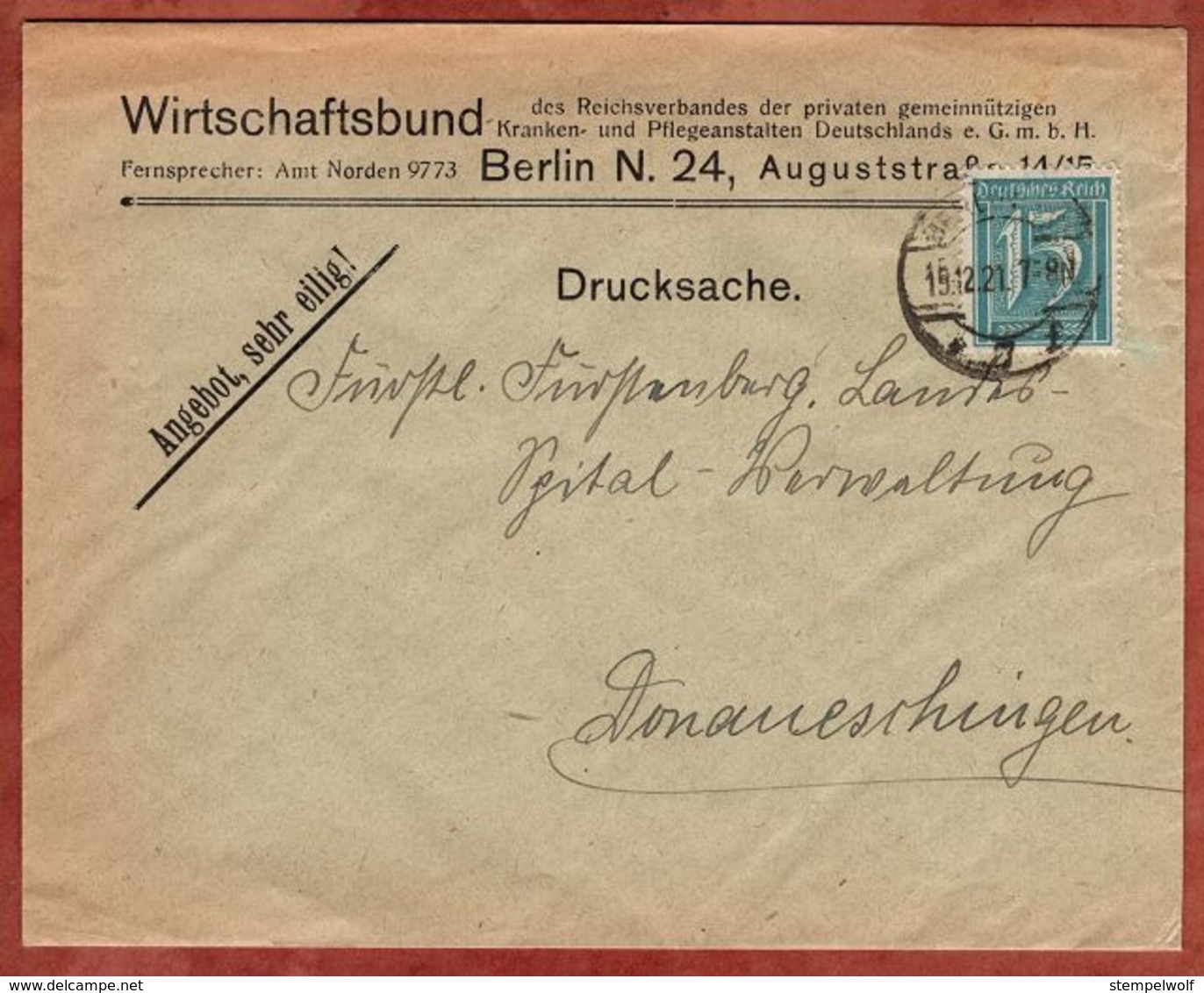 Drucksache, Wirtschaftsbund Berlin, Ziffer, Nach Donaueschingen 1921 (72460) - Briefe U. Dokumente