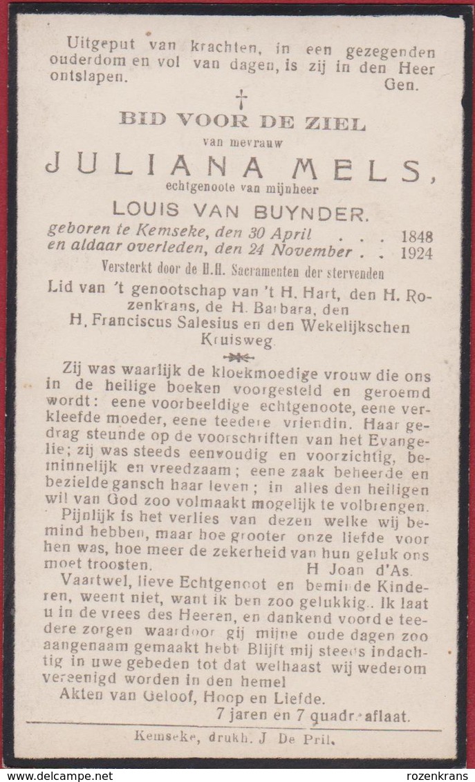 Juliana Mels Kemseke Kemzeke Waasland 1924 Bidprentje Doodsprentje Image Mortuaire - Images Religieuses