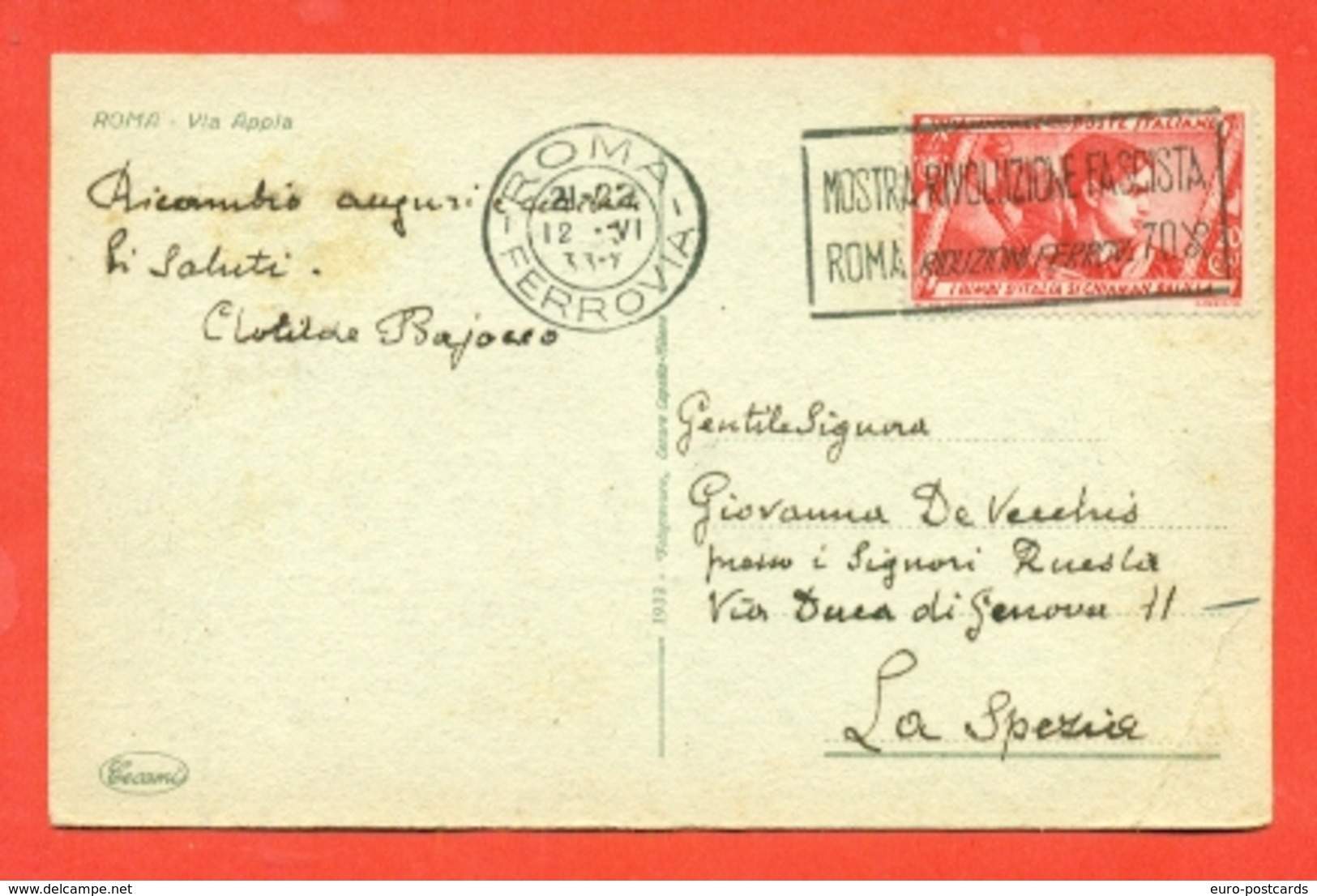 DECENNALE MARCIA SU ROMA-20 CENT.-12/6/1933 - DA ROMA PER LA SPEZIA - Storia Postale