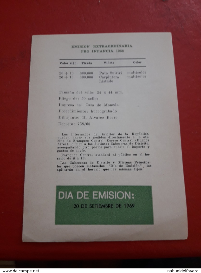 Argentina Volante Dia De Emision Serie Pro Infancia Con Sello De Pato Y Pajaro Carpintero - Cuadernillos