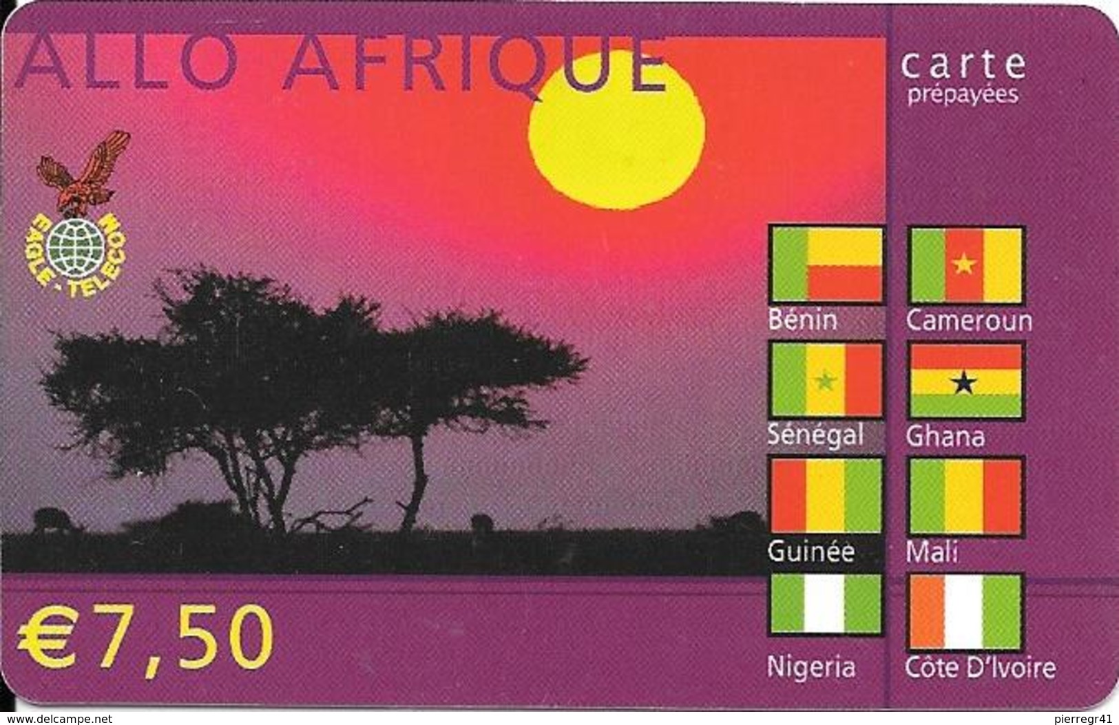 CARTE-PREPAYEE-7.5€-2003-EAGLE TELECOM-ALLO AFRIQUE-SAVANE-Drapeaux Afri Francophone-TBE - Autres & Non Classés