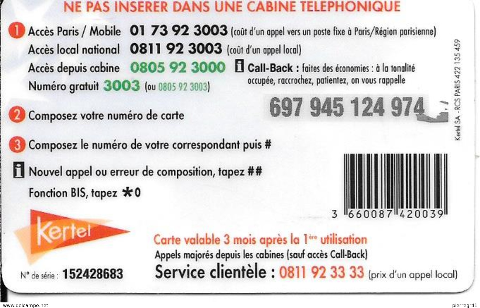 CARTE PREPAYEE-KERTEL-7.5€-MAGHREB-V° Blanc -N°sur Fond Blanc T BE- - Autres & Non Classés