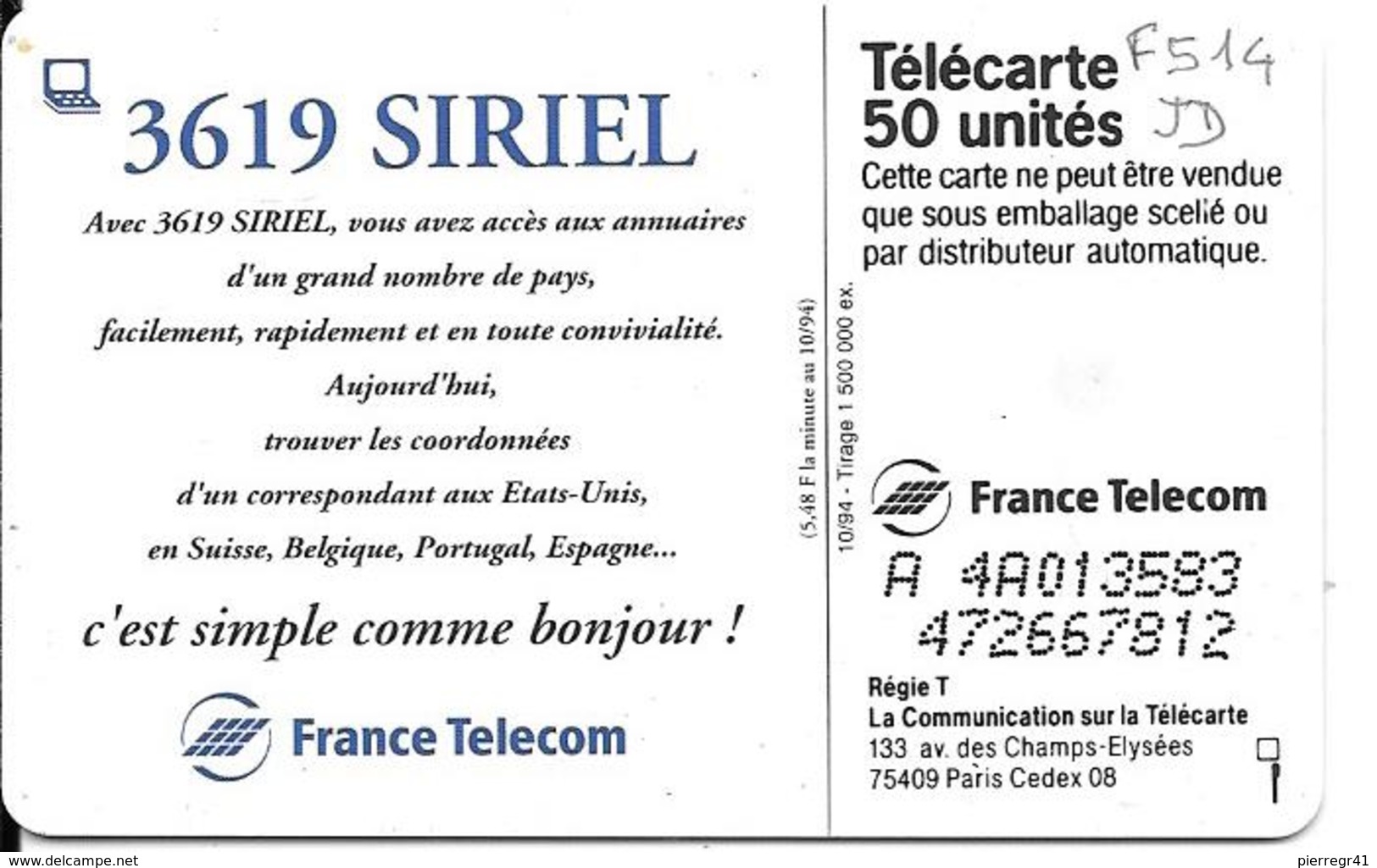 CARTE-PUBLIC-50U-F514.DN.JD-36.19 -3619 SIRIEL-N° Série A 4A013583 UTILISE-TBE- - 1994