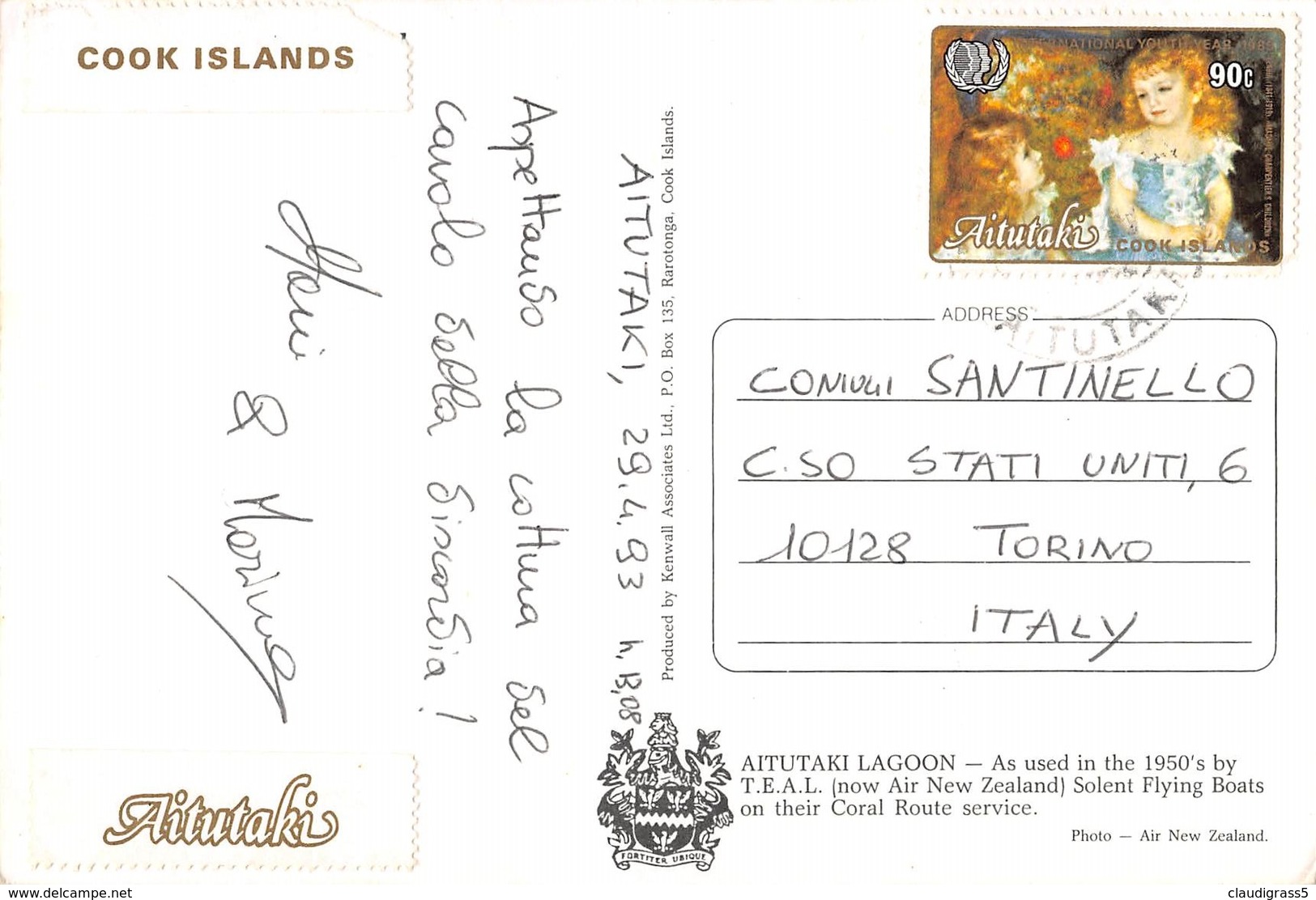 0387 "AITUTAKI LAGOON - COOK ISLANDS" IDROPLANO QUADRIMOTORE T.E.A.L. CART. ORIG. SPED. 1993 - Isole Cook