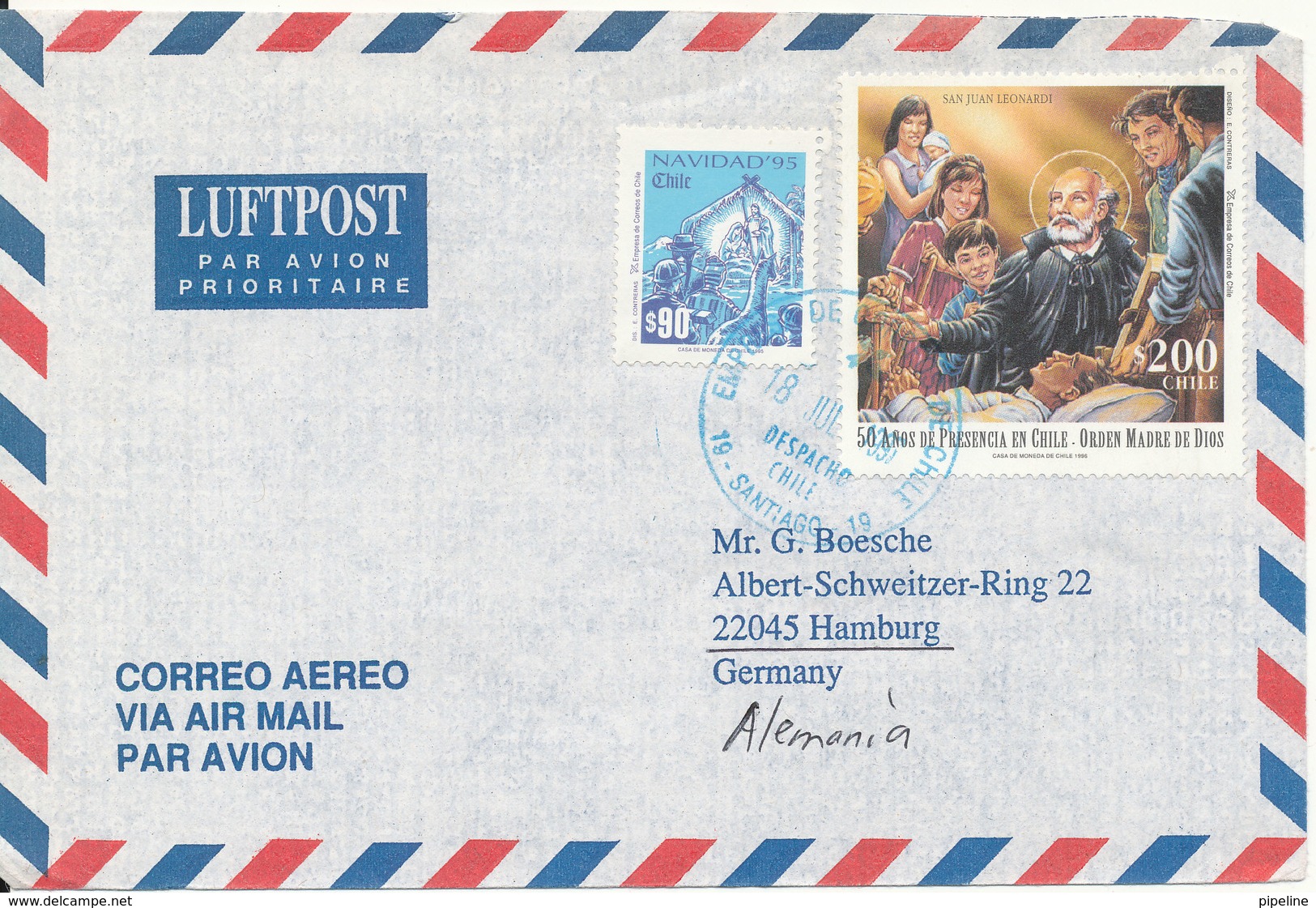 Chile Air Mail Cover Sent To Germany 18-7-1996 - Chili