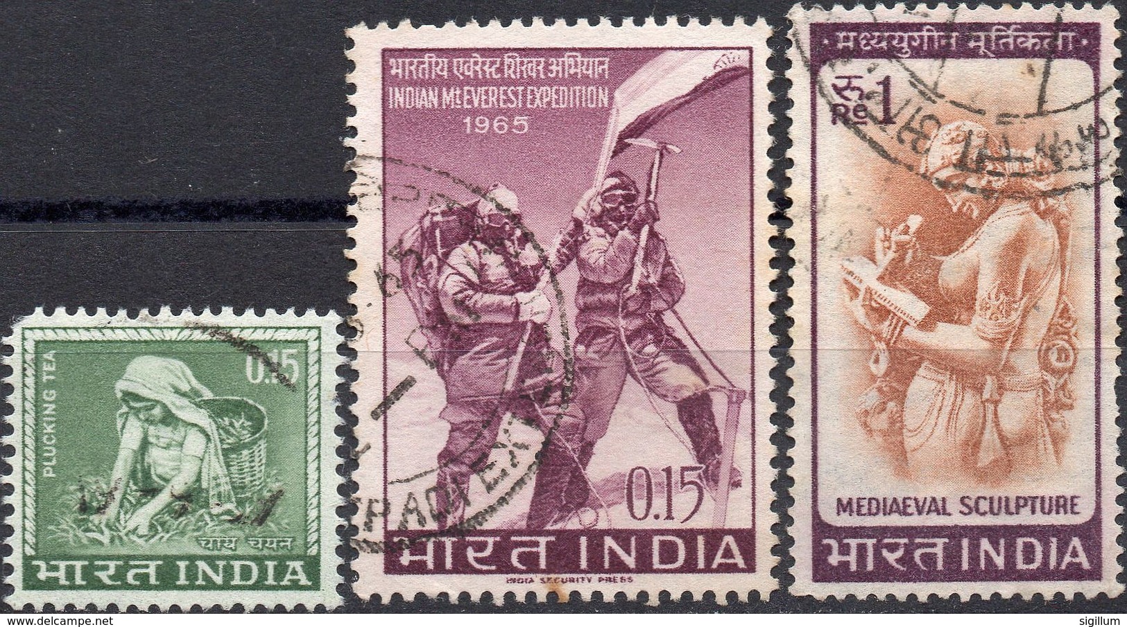 INDIA 1965/1966 - RACCOLTA DEL TE + EVEREST, SPEDIZIONE INDIANA + SCULTURA MEDIEVALE - 3 VALORI USATI - Usati