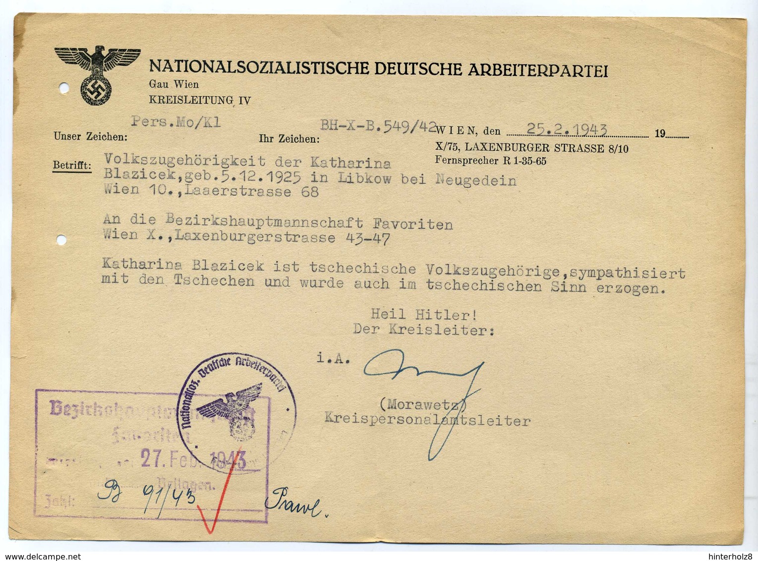 Ostmark; Schreiben Der NSDAP / Gau Wien, Betr. Volkszugehörigkeit; 1943; R ! - Dokumente