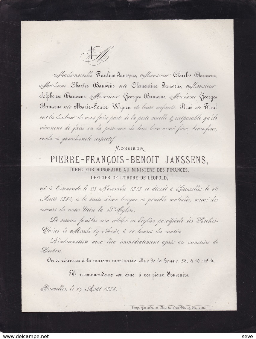 TERMONDE DENDERMONDE Pierre-François JANSSENS Directeur Ministère Des Finances 1818-1884 Famille BAUWENS - Décès
