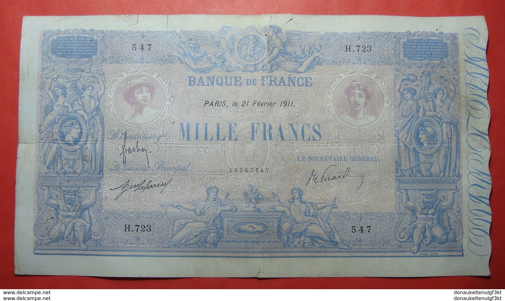 FRANCE 1000 Francs 1911 Blue Et Rose, No Parts Missing, Some Tears And Pinholes As Usual. VERY RARE - 1 000 F 1889-1926 ''Bleu Et Rose''